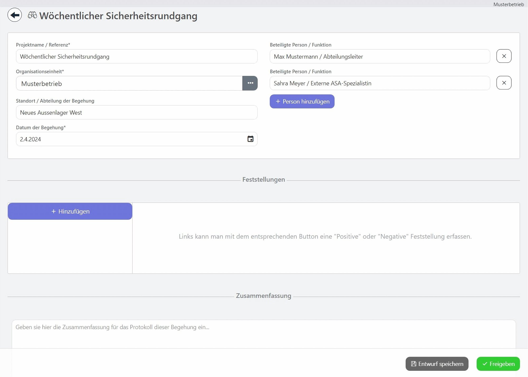Protokoll eines Sicherheitsrundgangs mit Massnahmen in safely