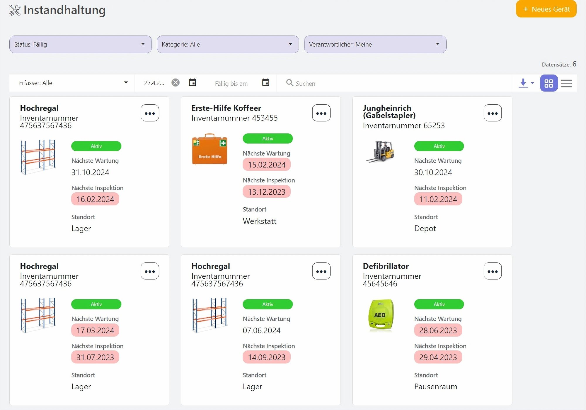 Wartungsplanung und Inspektionsübersicht in safely