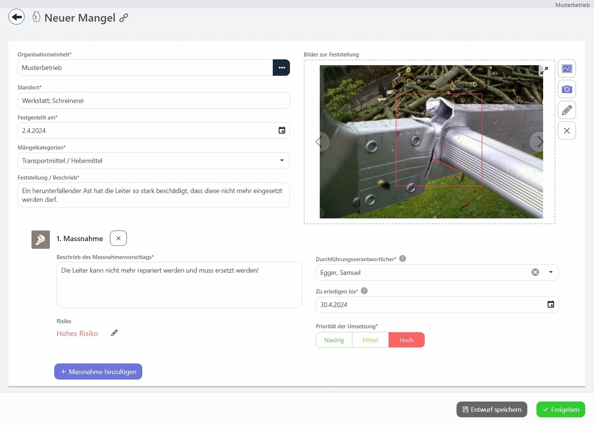 Mängelmeldung mit Statusverfolgung in der safely Software